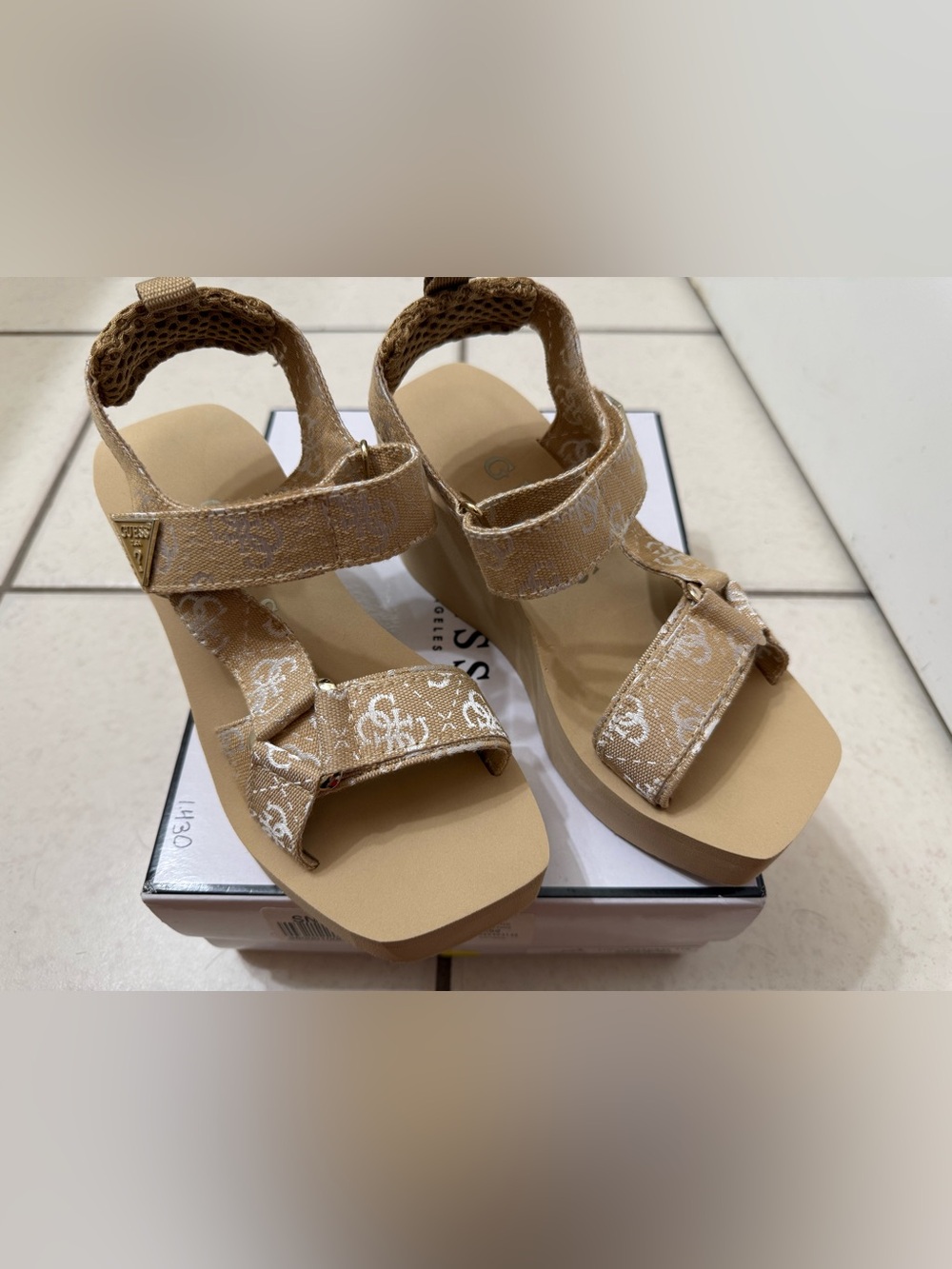 Guess Tan Logo-Print Platform Sandals